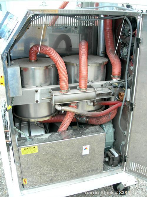 USED: Una-Dyn automatic mini dryer, model UDC100. Dual desiccant beds. Approximately 180 to 250 degrees F. temperature range. 3/60/460 volt, 23.8 amp, 18.9 kva. Includes a 400 pound modular hopper, m...