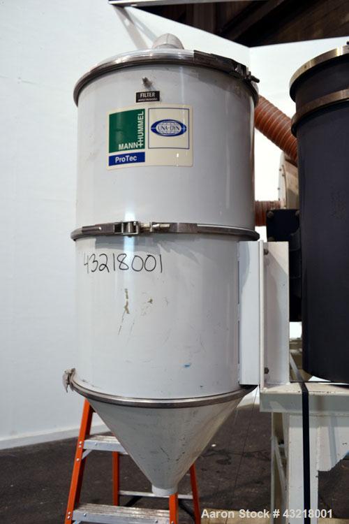 Used Una-Dyn Closed Circuit Crystallizer, Model XTLR-600, Carbon Steel. Approximate through-put 600 pounds per hour. Includes an insulated drying hopper, agitator arm assembly with motor, 5hp blower,...