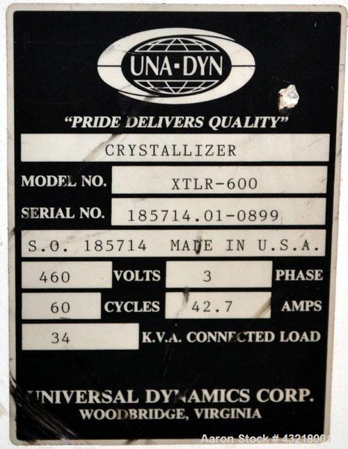 Used Una-Dyn Closed Circuit Crystallizer, Model XTLR-600, Carbon Steel. Approximate through-put 600 pounds per hour. Includes an insulated drying hopper, agitator arm assembly with motor, 5hp blower,...