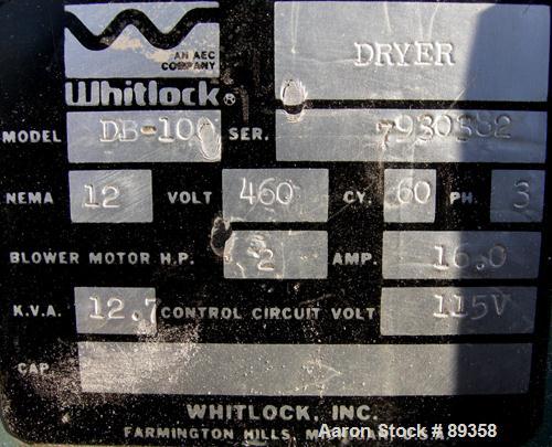 Used- AEC Whitlock Desiccant Dryer, Model DB-100. 50 cfm, 3/60/460 volt, 16 amp, 12.7 kva. Mounted on casters.