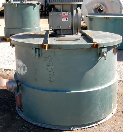 USED: Unadyn 5000# drying hopper, model 2P11, carbon steel. 2 bolt together sections, (1) top section 60" diameter x 42" straight side, (1) bottom section 60" diameter x 60" straight side x 36" coned...
