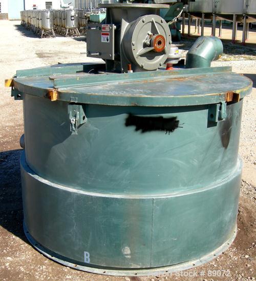 USED: Unadyn 5000# drying hopper, model 2P11, carbon steel. 2 bolt together sections, (1) top section 60" diameter x 42" straight side, (1) bottom section 60" diameter x 60" straight side x 36" coned...