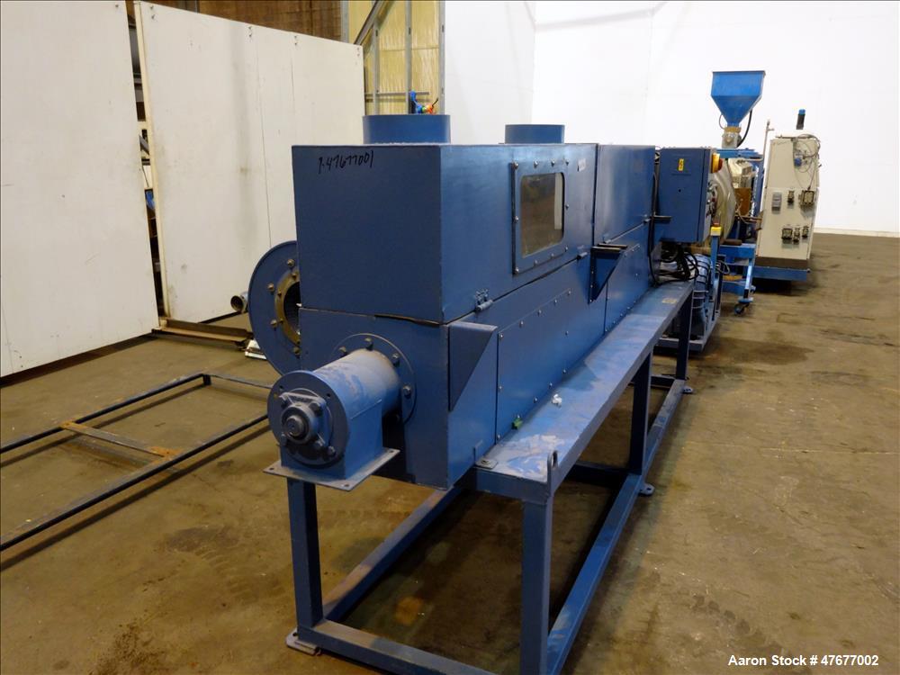 Used Screw pellet cooling conveyor. Bottom perforated holes, top hinged cover, side mounted blowers.