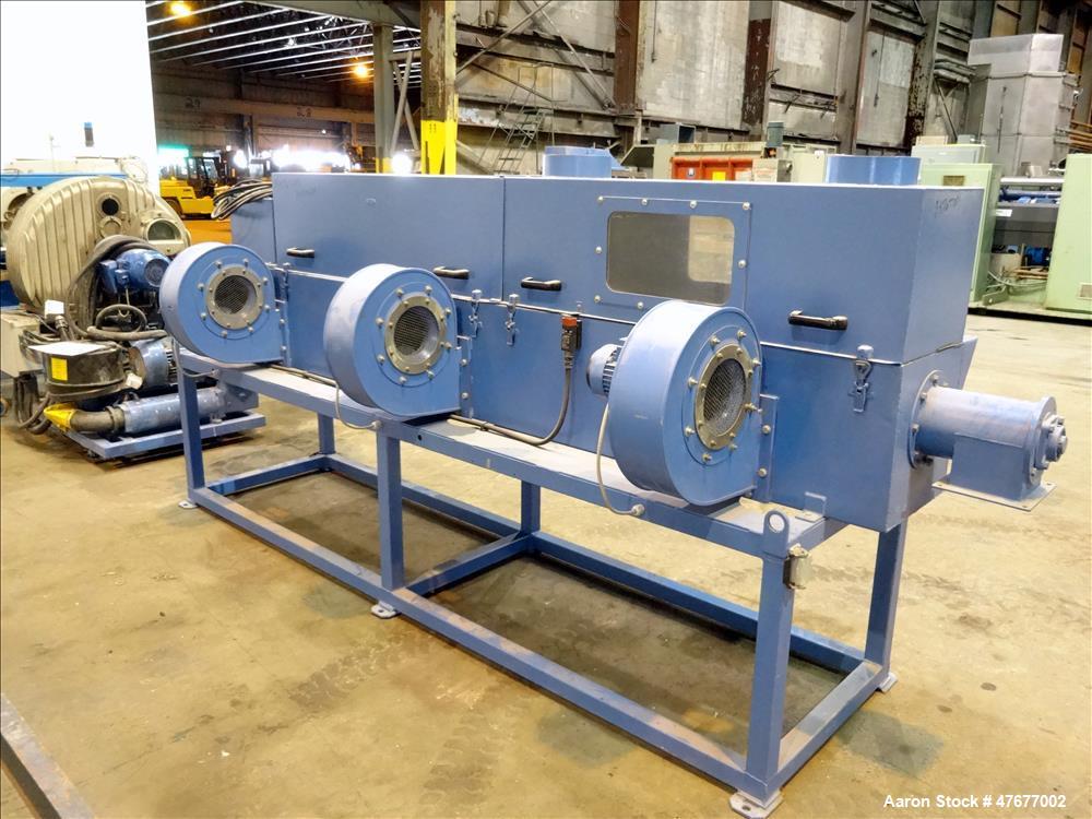 Used- Screw pellet cooling conveyor. Bottom perforated holes, top hinged cover, side mounted blowers.