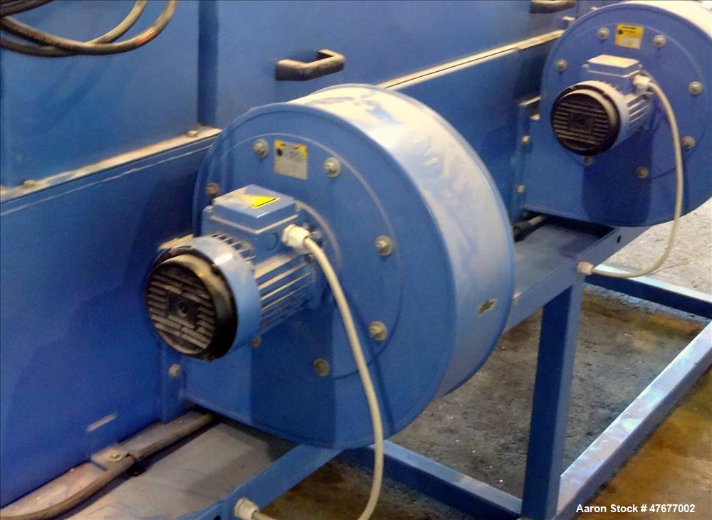 Used Screw pellet cooling conveyor. Bottom perforated holes, top hinged cover, side mounted blowers.