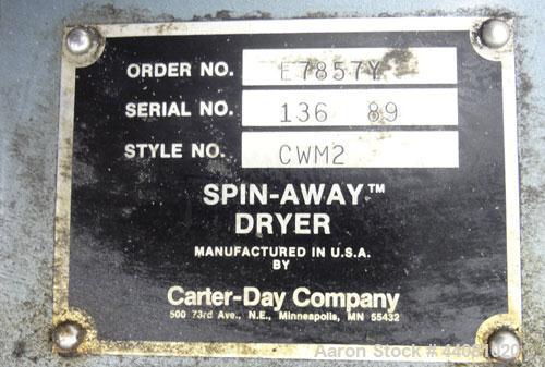 Used Carter Day Spin-Away Spin Dryer, Model CWM2, 304 Stainless Steel. Driven by a 5hp, 3/60/208230/460 volt, 1160 rpm motor. Includes an Agglomerate unit, model DAS2, and a carbon steel stand.