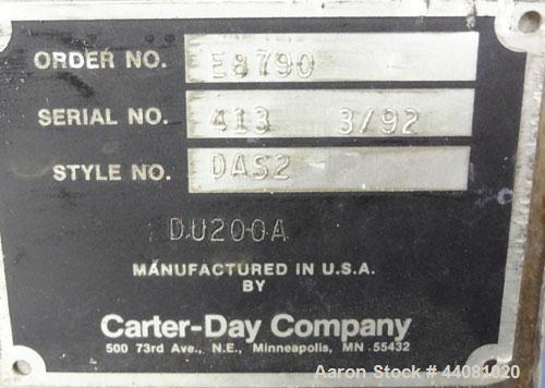 Used Carter Day Spin-Away Spin Dryer, Model CWM2, 304 Stainless Steel. Driven by a 5hp, 3/60/208230/460 volt, 1160 rpm motor. Includes an Agglomerate unit, model DAS2, and a carbon steel stand.