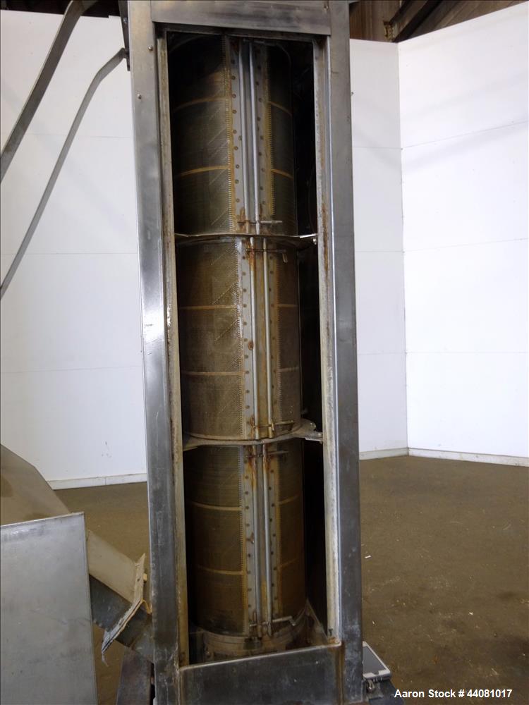 Used Carter Day Spin-Away Spin Dryer, Model D312, 304 Stainless Steel. Unit consists of 3 decks of 12" diameter main screens. Driven by a 5 HP, 3/60/230/460 Volt, 1150 RPM motor. Includes an Agglomer...