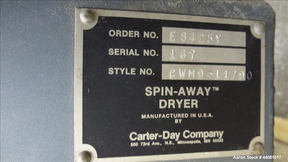 Used Carter Day Spin-Away Spin Dryer, Model D312, 304 Stainless Steel. Unit consists of 3 decks of 12" diameter main screens. Driven by a 5 HP, 3/60/230/460 Volt, 1150 RPM motor. Includes an Agglomer...
