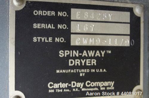 Used Carter Day Spin-Away Spin Dryer, Model D312, 304 Stainless Steel. Unit consists of 3 decks of 12" diameter main screens. Driven by a 5 HP, 3/60/230/460 Volt, 1150 RPM motor. Includes an Agglomer...