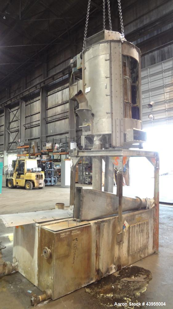 Used Carter Day Spin-Away Spin Dryer, Model D-51, 316 Stainless Steel.Approximate internal dimensions are 24" diameter x 60" tall Three section screen. Belt Driven by a 7.5hp, 3/60/230/460 volt, 1760...