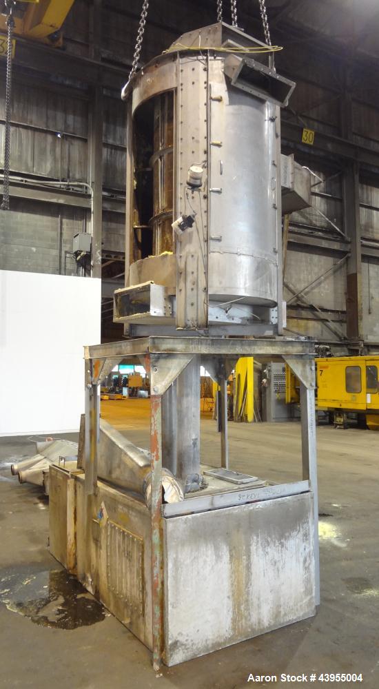 Used Carter Day Spin-Away Spin Dryer, Model D-51, 316 Stainless Steel.Approximate internal dimensions are 24" diameter x 60" tall Three section screen. Belt Driven by a 7.5hp, 3/60/230/460 volt, 1760...