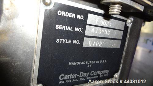 Used Carter Day Spin-Away Spin Dryer, Model DAS2, 304 Stainless Steel. Driven by a 5hp, 3/60/230/460 volt, 1750 rpm motor. Includes an Agglomerate unit, model AU200, and a carbon steel stand.