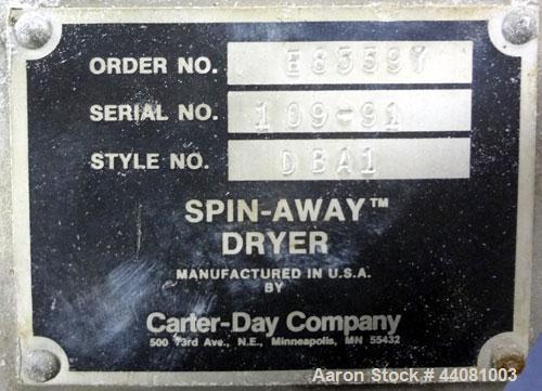 Used Carter Day Spin-Away Spin Dryer, Model DBA1, 304 Stainless Steel. Driven by a 5hp, 3/60/230/460 volt, 1730 rpm motor. Includes an Agglomerate unit, model AU200, and a carbon steel stand.