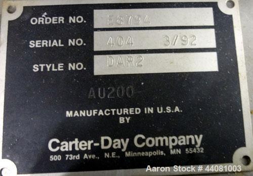 Used Carter Day Spin-Away Spin Dryer, Model DBA1, 304 Stainless Steel. Driven by a 5hp, 3/60/230/460 volt, 1730 rpm motor. Includes an Agglomerate unit, model AU200, and a carbon steel stand.