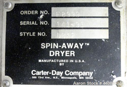 Used Carter Day Spin-Away Spin Dryer, Model DBA2, 304 Stainless Steel. Driven by a 5hp, 3/60/230/460 volt, 1730 rpm motor. Includes an Agglomerate unit, model AU200, and a carbon steel stand.