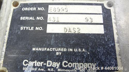 Used Carter Day Spin-Away Spin Dryer, Model DBA2, 304 Stainless Steel. Driven by a 5hp, 3/60/230/460 volt, 1730 rpm motor. Includes an Agglomerate unit, model AU200, and a carbon steel stand.
