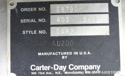 Used Carter Day Spin-Away Spin Dryer, Model DBA2, 304 Stainless Steel. Driven by a 5hp, 3/60/230/460 volt, 1715 rpm motor. Includes an Agglomerate unit, model AU200, and a carbon steel stand.