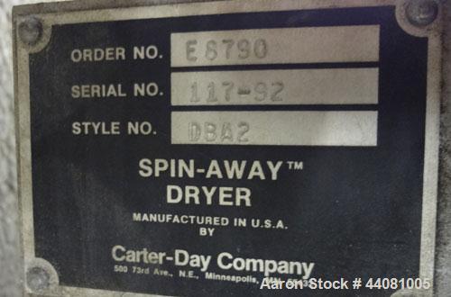 Used Carter Day Spin-Away Spin Dryer, Model DBA2, 304 Stainless Steel. Driven by a 5hp, 3/60/230/460 volt, 1715 rpm motor. Includes an Agglomerate unit, model AU200, and a carbon steel stand.