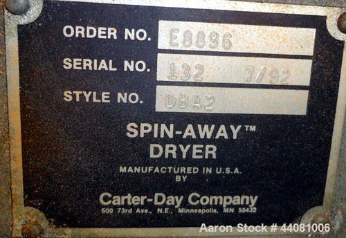 Used Carter Day Spin-Away Spin Dryer, Model DBA2, 304 Stainless Steel. Driven by a 5hp, 3/60/230/460 volt, 1730 rpm motor. Includes an Agglomerate unit, model AU200, and a carbon steel stand.