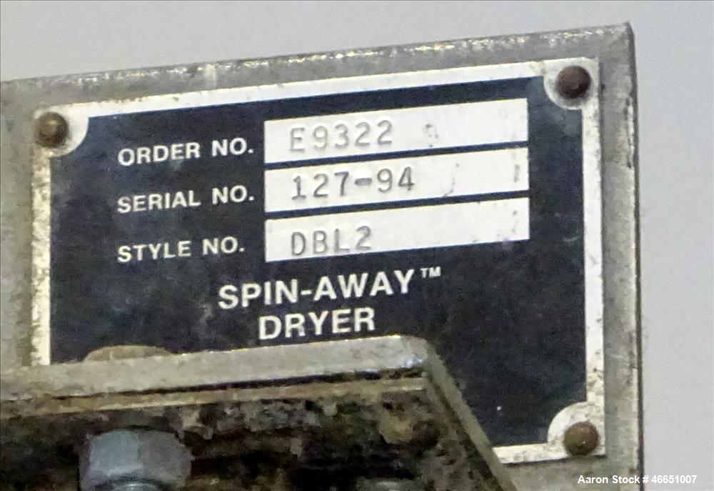 Used Day Spin Dryer, Model DBL2. Approximate 11" diameter x 41" long chamber, driven by a 2 hp, 208-230-460 volt/1725 rpm motor, with water tank. Serial# 127-94.