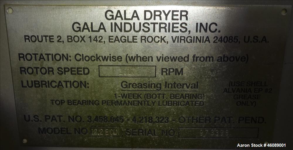 Used Gala Spin Dryer, Model 12.2 ECLN, 304 Stainless Steel. 11" Diameter x 42.5" long rotor. Driven by a 4kw, 3/50/440 volt, 1440 rpm motor. Rotor main speed 1017. Mounted on a carbon steel frame. Se...