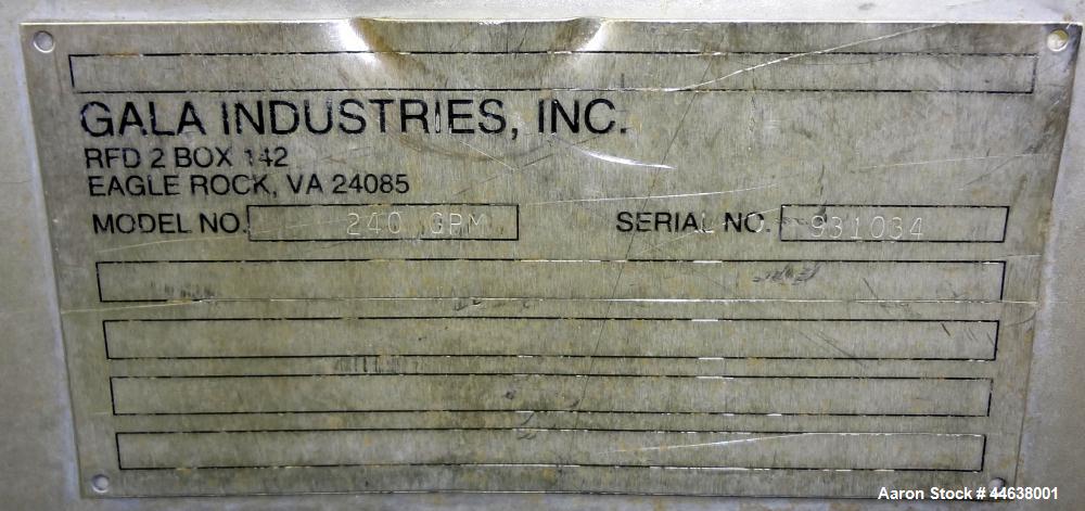 Used Gala Industries Spin Dryer, Model 12.3 ECBF, 304 Stainless Steel. Rotor speed 1017 rpm. Includes side access door, screen sections, and rotor. Driven by a 7.5 hp, 3/60/460 volt, 1180 rpm motor. ...