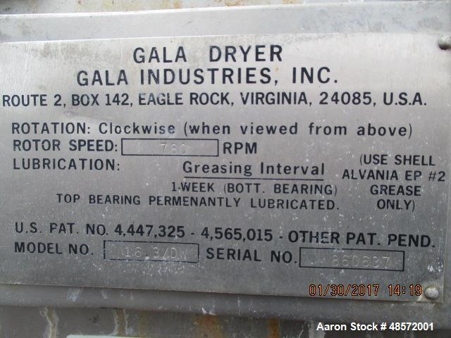 Used Gala Spin Dryer, Model 16.3DW, Stainless Steel. Capacity approximately 2,000 lbs per hour. Driven by a 7.5hp, 230/460 volt motor. Rated 780 rpm dryer speed. Includes a 450 gallon reservoir. Seri...