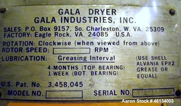 Used Gala Spin Dryer, Model 201BF, Stainless Steel. Bottom feed, 380 rpm rotor speed, underdriven with 7.5 hp, 230/460 volt, 1760 rpm motor. Serial #770811
