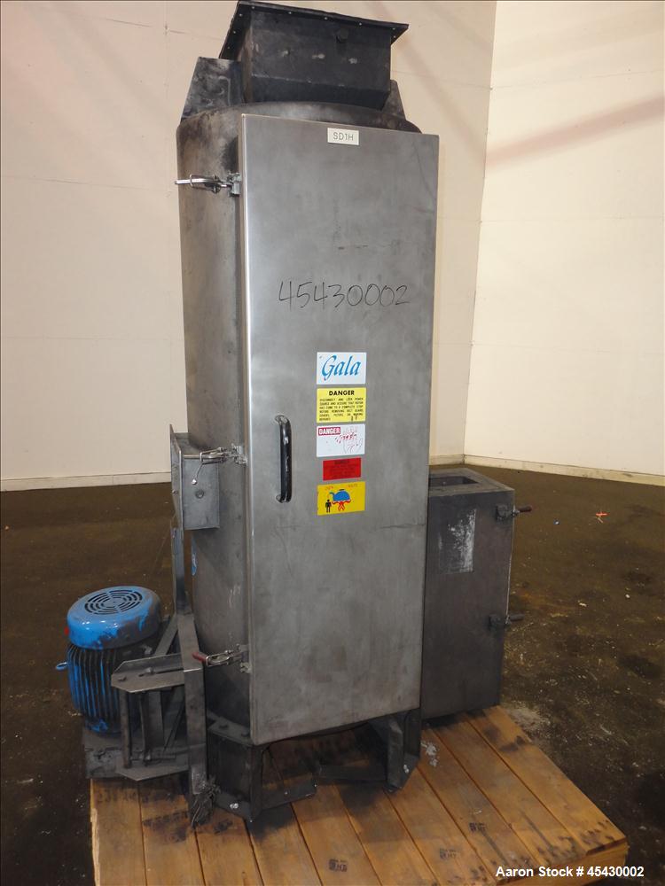 Used Gala Industries Spin Dryer, Model 3016 BF-RD, 304 Stainless Steel. Approximate drying capacity based on pellets 14,000 lbs/hr (off Gala spec sheet). Side access doors 55 " x 16" and 25" x 16". R...
