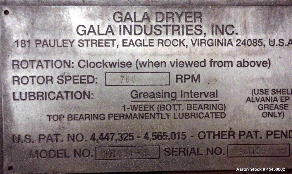Used Gala Industries Spin Dryer, Model 3016 BF-RD, 304 Stainless Steel. Approximate drying capacity based on pellets 14,000 lbs/hr (off Gala spec sheet). Side access doors 55 " x 16" and 25" x 16". R...