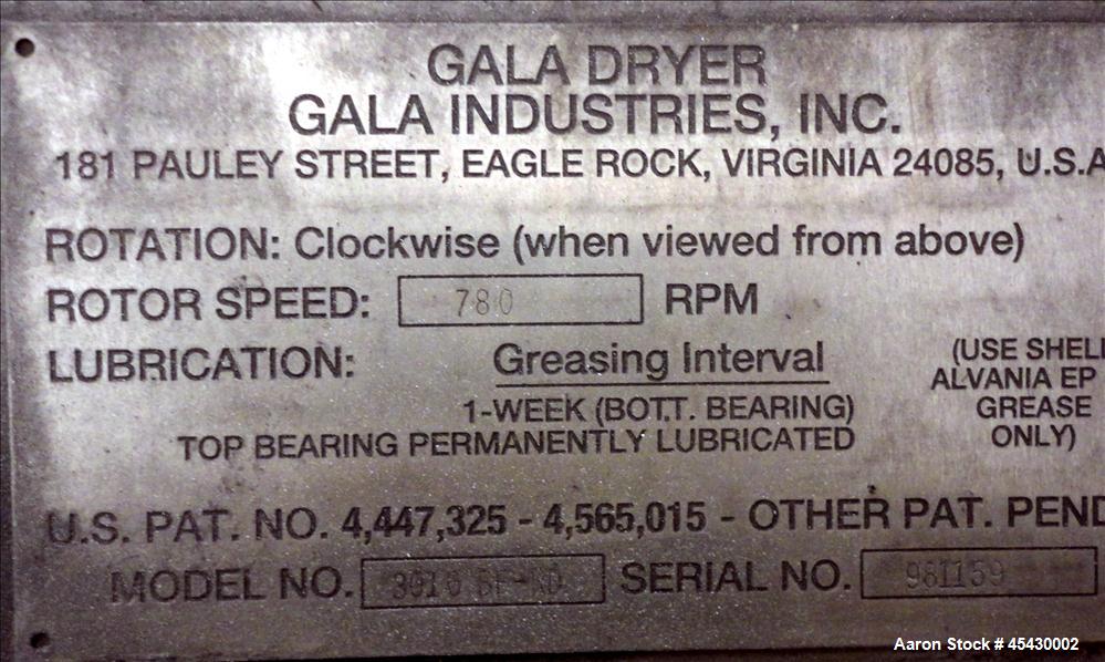 Used- Gala Industries Spin Dryer, Model 3016 BF-RD, 304 Stainless Steel. Approximate drying capacity based on pellets 14,000...