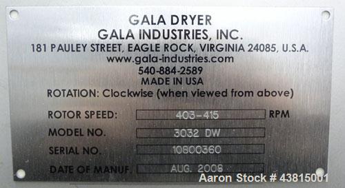 Unused- Gala Industries Centrifugal Spin Dryer, Model 3032 DW, 304 Stainless Steel. Approximate drying capacity 11,500 kg/hr (25,000 lbs/hr). Rotor speed 403-415 rpm. (3) Screen sections, side access...