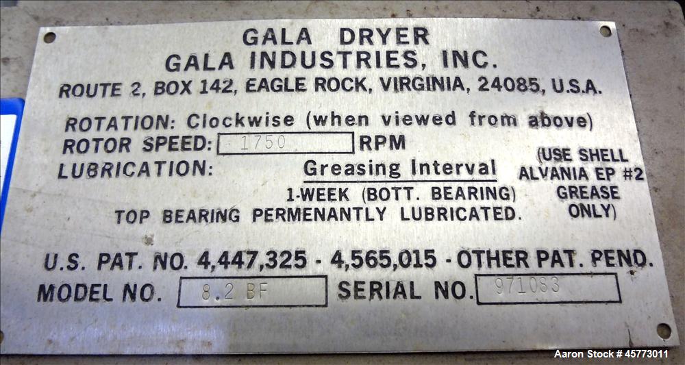 Used Gala Industries Spin Dryer, Model 8.2 BF, driven by an approximate 5 hp, 230-460 volt motor with rotor speed of 1750 rpm. Mounted on a Portable Carbon Steel Frame with Casters. Serial # 971083.