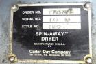 Used Carter Day Spin-Away Spin Dryer, Model CWM2, 304 Stainless Steel. Driven by a 5hp, 3/60/208230/460 volt, 1160 rpm motor. Includes an Agglomerate unit, model DAS2, and a carbon steel stand.