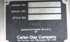 Used Carter Day Spin-Away Spin Dryer, Model DBA2, 304 Stainless Steel. Driven by a 5hp, 3/60/230/460 volt, 1715 rpm motor. Includes an Agglomerate unit, model AU200, and a carbon steel stand.