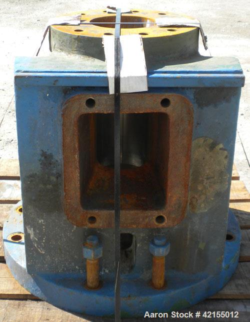 Used 6" Extruder Thrust Housing, Carbon Steel. Approximately 28" long section, 7 1/4" flanged opening. 10" x 8 1/2" top feed opening.