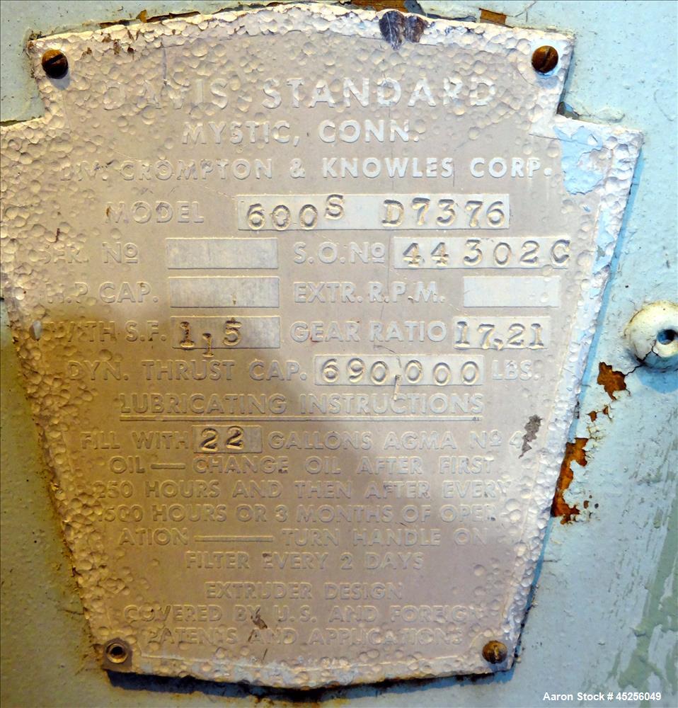 Used Davis Standard Gearbox. Model 600S. Ratio 17.21 to 1. S.O. # 44302C. Serial# D7376. Last used on 6" single screw extruder. Approximate 18" centerline height.