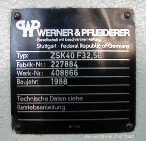 USED: Werner Pfleiderer lab size twin screw extruder gearbox, type ZSK40-F32,5E. Includes 5 housing section barrel section. (1) Fritz Phillip Getriebebau GmbH & Co, type S882, 180 rpm, 6.75 hp/4.5 kw...
