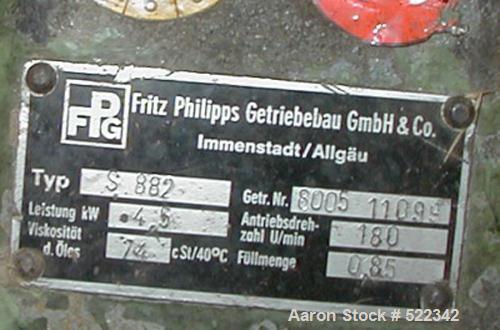 USED: Werner Pfleiderer lab size twin screw extruder gearbox, type ZSK40-F32,5E. Includes 5 housing section barrel section. (1) Fritz Phillip Getriebebau GmbH & Co, type S882, 180 rpm, 6.75 hp/4.5 kw...
