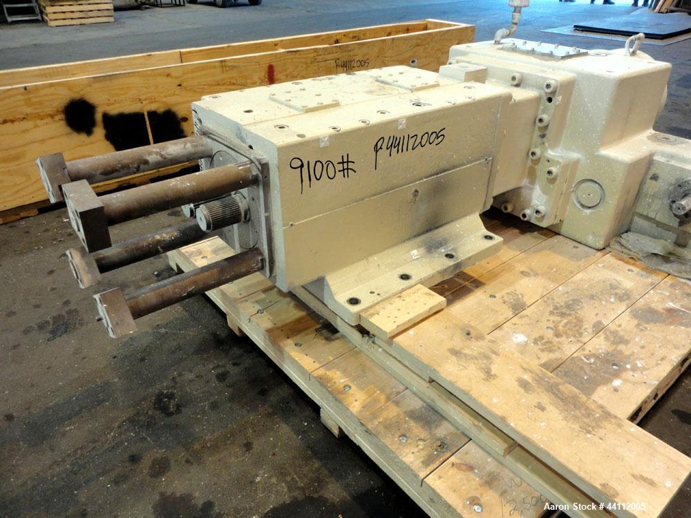 Used American Maplan 130mm Twin Screw Extruder Parts Consisting Of: (1) Thyssen TPM 3-130-D05-V70 Gear Box, serial# 6 343 3131/10 GB-70036, built 2000. (1) 130mm Twin Screw Set, Screw Type 055.13.100...