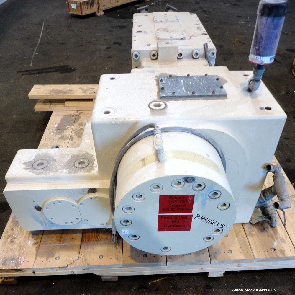 Used American Maplan 130mm Twin Screw Extruder Parts Consisting Of: (1) Thyssen TPM 3-130-D05-V70 Gear Box, serial# 6 343 3131/10 GB-70036, built 2000. (1) 130mm Twin Screw Set, Screw Type 055.13.100...