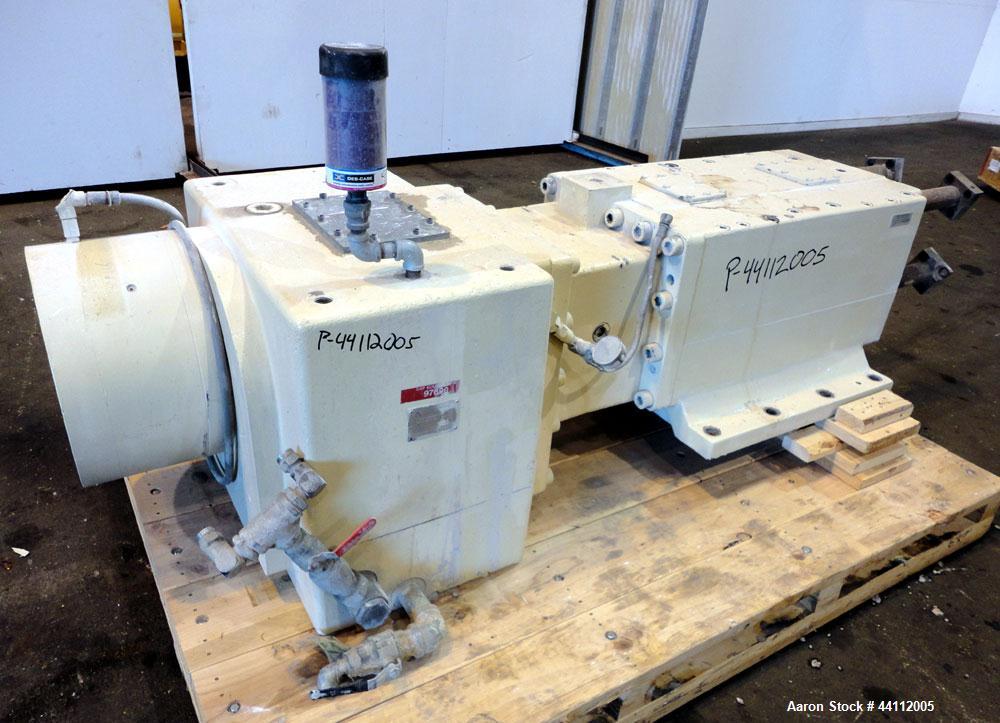 Used American Maplan 130mm Twin Screw Extruder Parts Consisting Of: (1) Thyssen TPM 3-130-D05-V70 Gear Box, serial# 6 343 3131/10 GB-70036, built 2000. (1) 130mm Twin Screw Set, Screw Type 055.13.100...