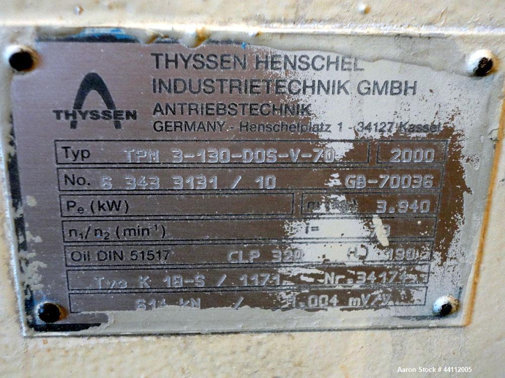 Used American Maplan 130mm Twin Screw Extruder Parts Consisting Of: (1) Thyssen TPM 3-130-D05-V70 Gear Box, serial# 6 343 3131/10 GB-70036, built 2000. (1) 130mm Twin Screw Set, Screw Type 055.13.100...