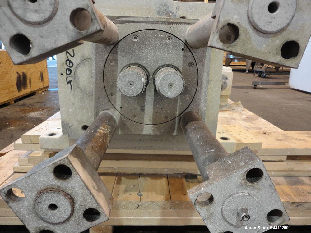 Used American Maplan 130mm Twin Screw Extruder Parts Consisting Of: (1) Thyssen TPM 3-130-D05-V70 Gear Box, serial# 6 343 3131/10 GB-70036, built 2000. (1) 130mm Twin Screw Set, Screw Type 055.13.100...