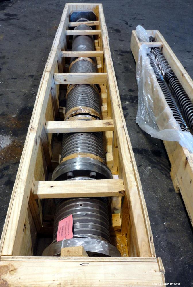 Used American Maplan 130mm Twin Screw Extruder Parts Consisting Of: (1) Thyssen TPM 3-130-D05-V70 Gear Box, serial# 6 343 3131/10 GB-70036, built 2000. (1) 130mm Twin Screw Set, Screw Type 055.13.100...