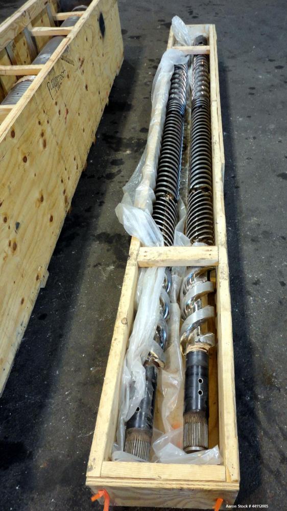 Used American Maplan 130mm Twin Screw Extruder Parts Consisting Of: (1) Thyssen TPM 3-130-D05-V70 Gear Box, serial# 6 343 3131/10 GB-70036, built 2000. (1) 130mm Twin Screw Set, Screw Type 055.13.100...