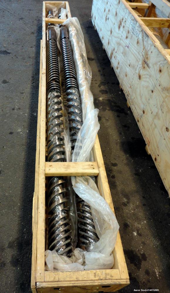 Used American Maplan 130mm Twin Screw Extruder Parts Consisting Of: (1) Thyssen TPM 3-130-D05-V70 Gear Box, serial# 6 343 3131/10 GB-70036, built 2000. (1) 130mm Twin Screw Set, Screw Type 055.13.100...