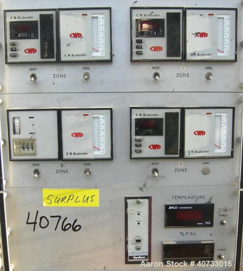 Used C.W. Brabender 1" Single Screw Extruder, type 125-30 HC.  4 zone, approximate 37:1 L/D.  6" x 6" feed hopper.  Driven by a 1/4 hp, 90 volt, 1725 rpm DC adjustable speed motor.  Includes a contro...