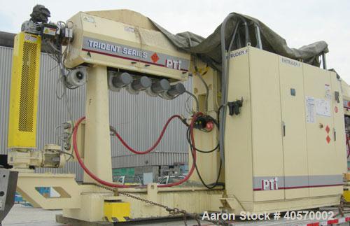 Used PTI 2.5" Trident Series Single Screw Extruder, model 2500. Approximate 32 to 1 L/D ratio. 5 zone electrically heated, air cooled, non-vented barrel. Water cooled feed throat, no hopper. Approxim...